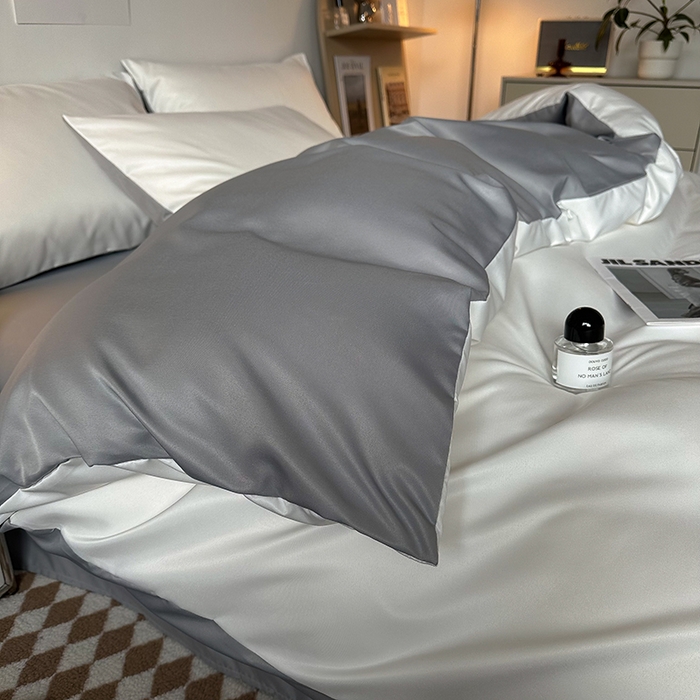 91家纺网 家纺一手货源 找家纺 缦绣阁家纺  2026新款夏季轻奢水洗冰丝四件套真丝简约纯色被罩被套学生宿舍三件套-洛可可系列 洛可可-白+银灰