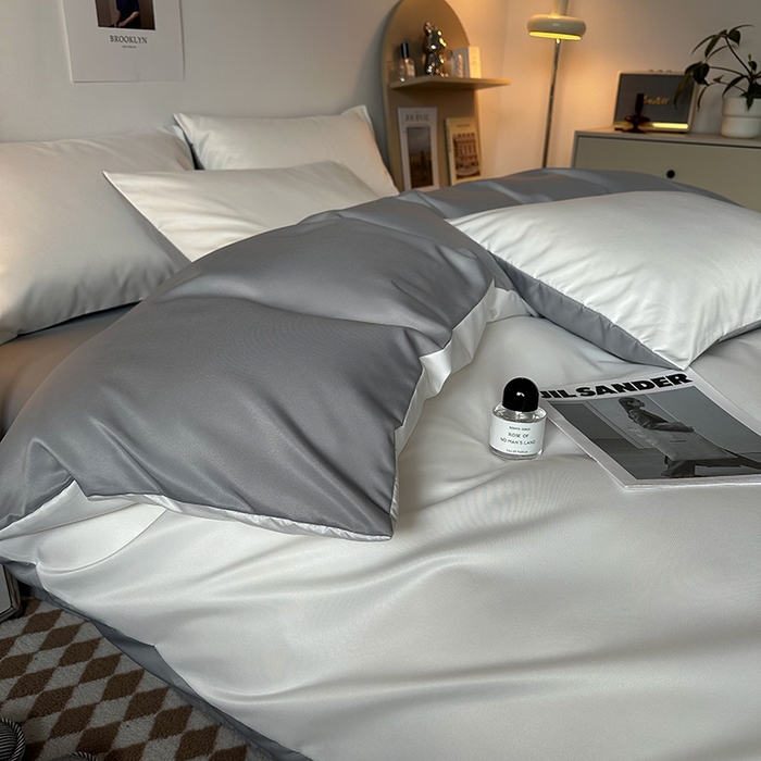 91家纺网 家纺一手货源 找家纺 缦绣阁家纺  2026新款夏季轻奢水洗冰丝四件套真丝简约纯色被罩被套学生宿舍三件套-洛可可系列 洛可可-白+银灰