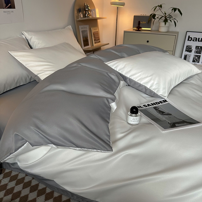 91家纺网 家纺一手货源 找家纺 缦绣阁家纺  2026新款夏季轻奢水洗冰丝四件套真丝简约纯色被罩被套学生宿舍三件套-洛可可系列 洛可可-白+银灰