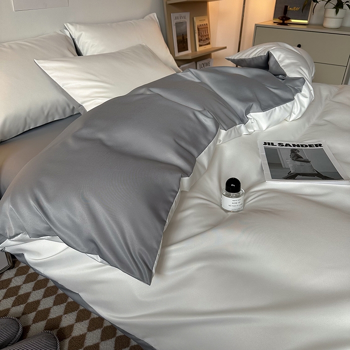 91家纺网 家纺一手货源 找家纺 缦绣阁家纺  2026新款夏季轻奢水洗冰丝四件套真丝简约纯色被罩被套学生宿舍三件套-洛可可系列 洛可可-白+银灰