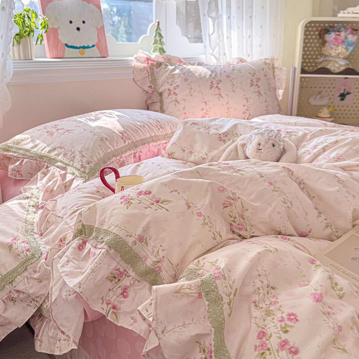 91家纺网 家纺一手货源 找家纺 眠屿家纺 2026新款40支全棉纯棉小清新法式花边款四件套 花香盎然