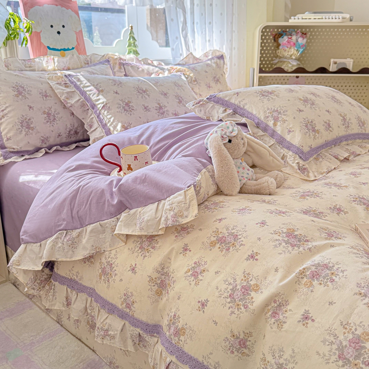 91家纺网 家纺一手货源 找家纺 眠屿家纺 2026新款40支全棉纯棉小清新法式花边款四件套 花梦缘