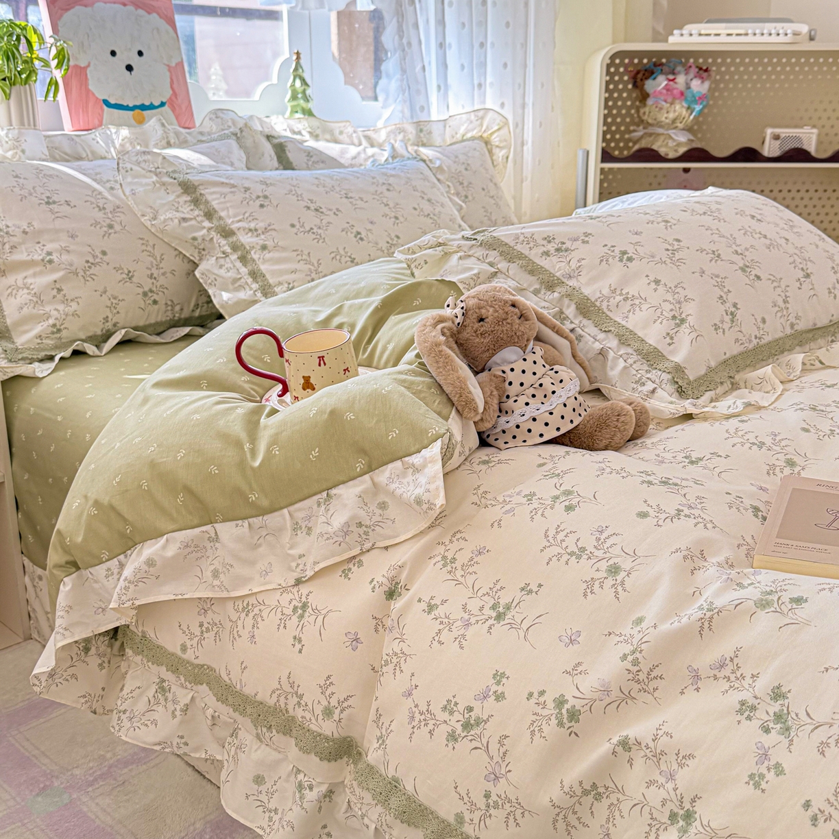 91家纺网 家纺一手货源 找家纺 眠屿家纺 2026新款40支全棉纯棉小清新法式花边款四件套 蝶海恋花