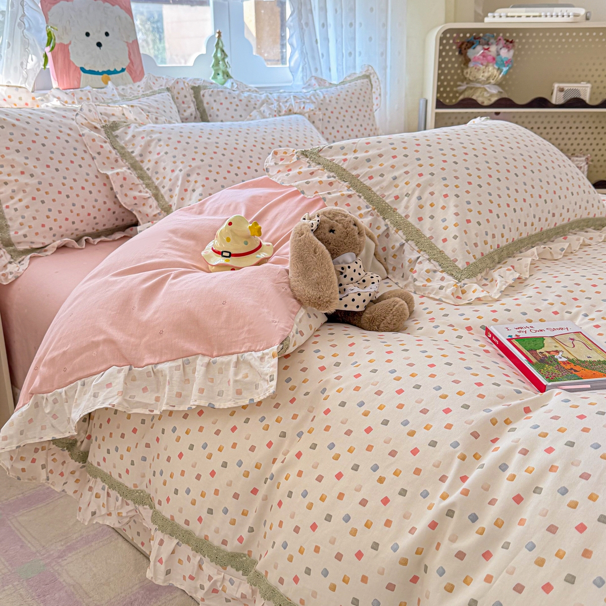 91家纺网 家纺一手货源 找家纺 眠屿家纺 2026新款40支全棉纯棉小清新法式花边款四件套 悠漾花影