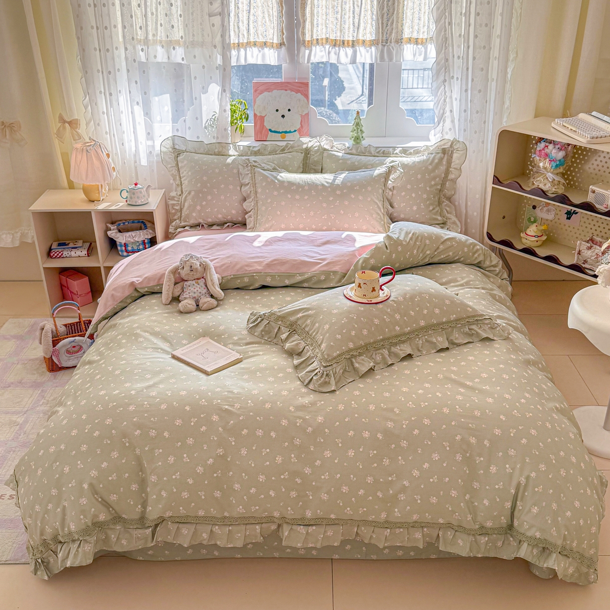 91家纺网 家纺一手货源 找家纺 眠屿家纺 2026新款40支全棉纯棉小清新法式花边款四件套 花颜悦色