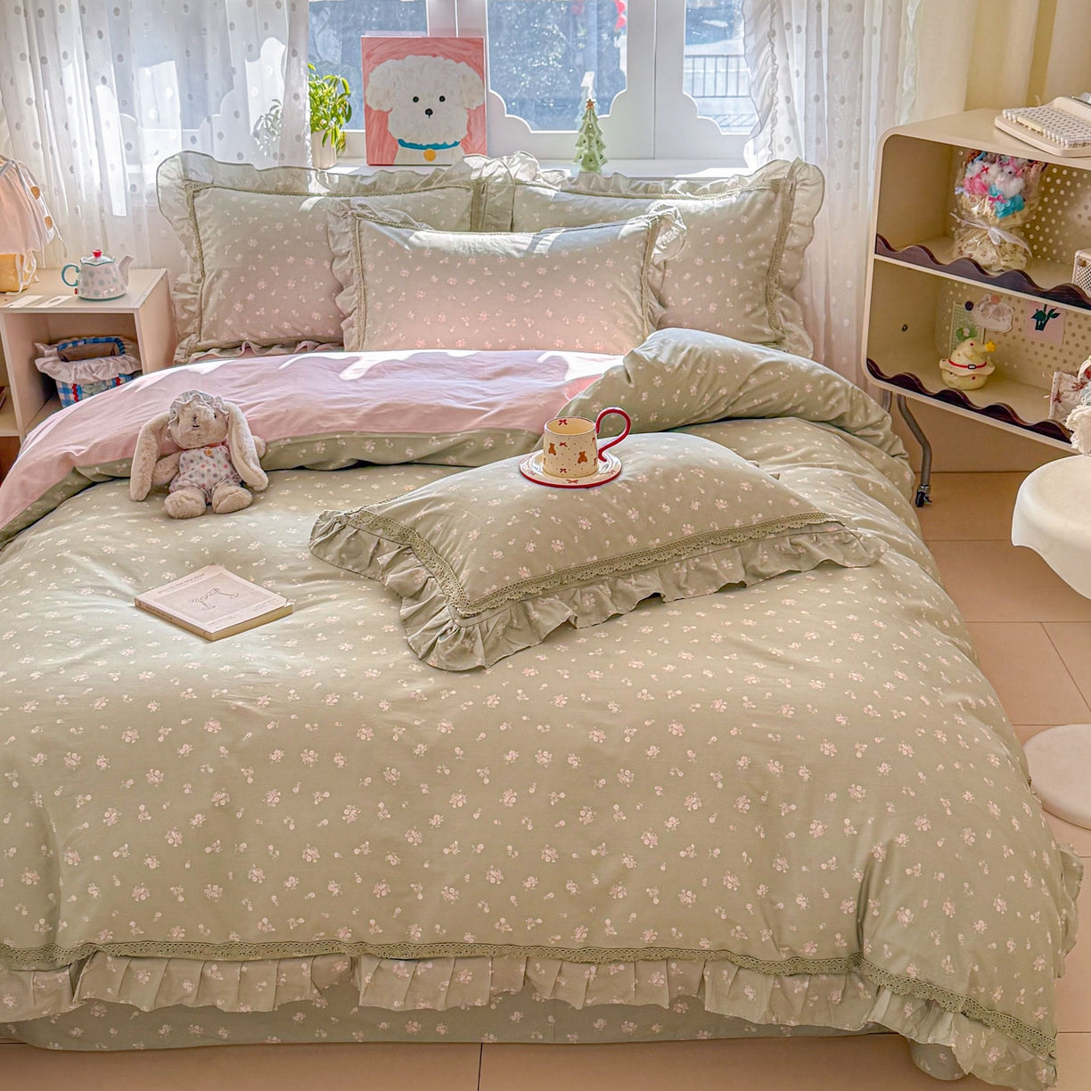 91家纺网 家纺一手货源 找家纺 眠屿家纺 2026新款40支全棉纯棉小清新法式花边款四件套 花颜悦色