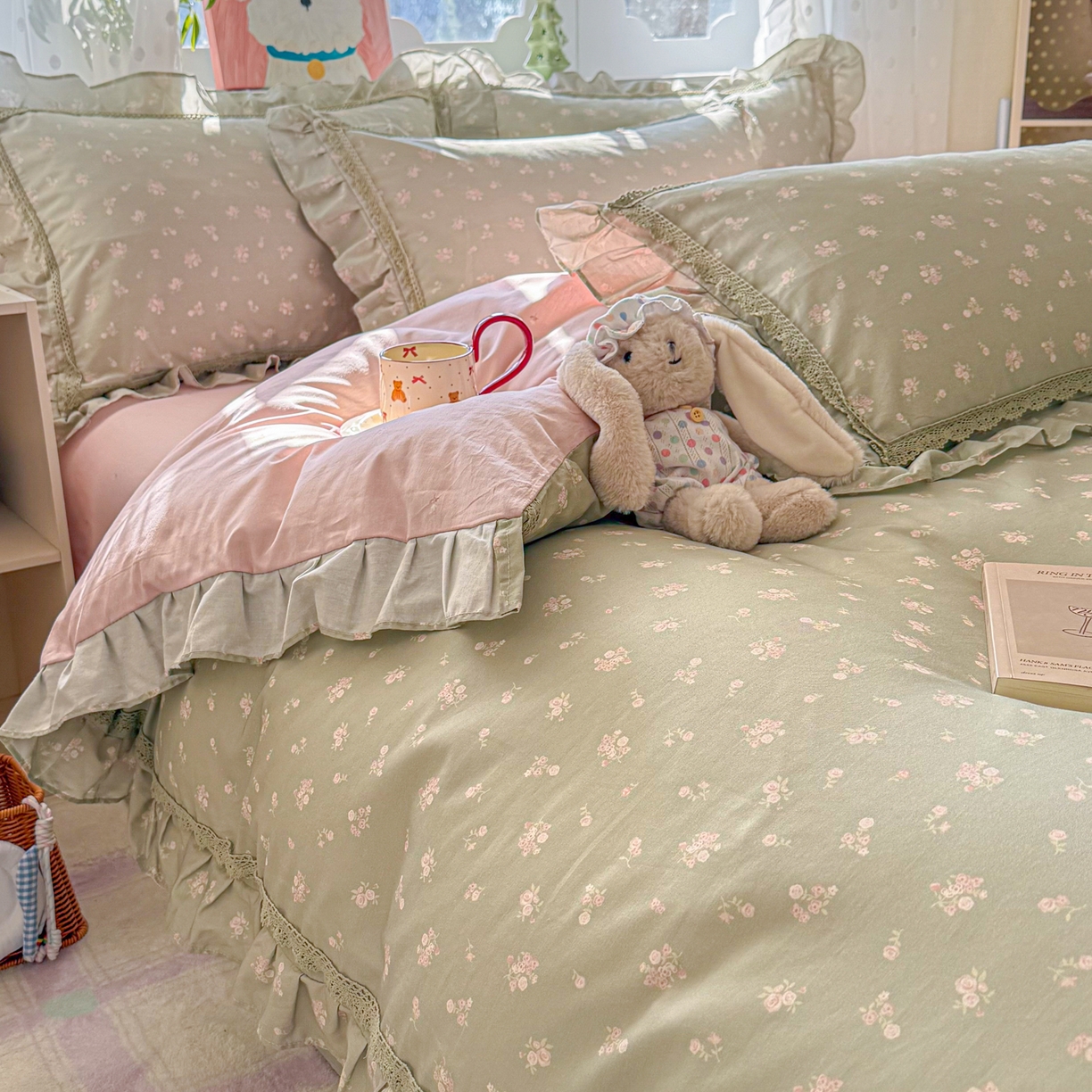 眠屿家纺 2026新款40支全棉纯棉小清新法式花边款四件套 花颜悦色