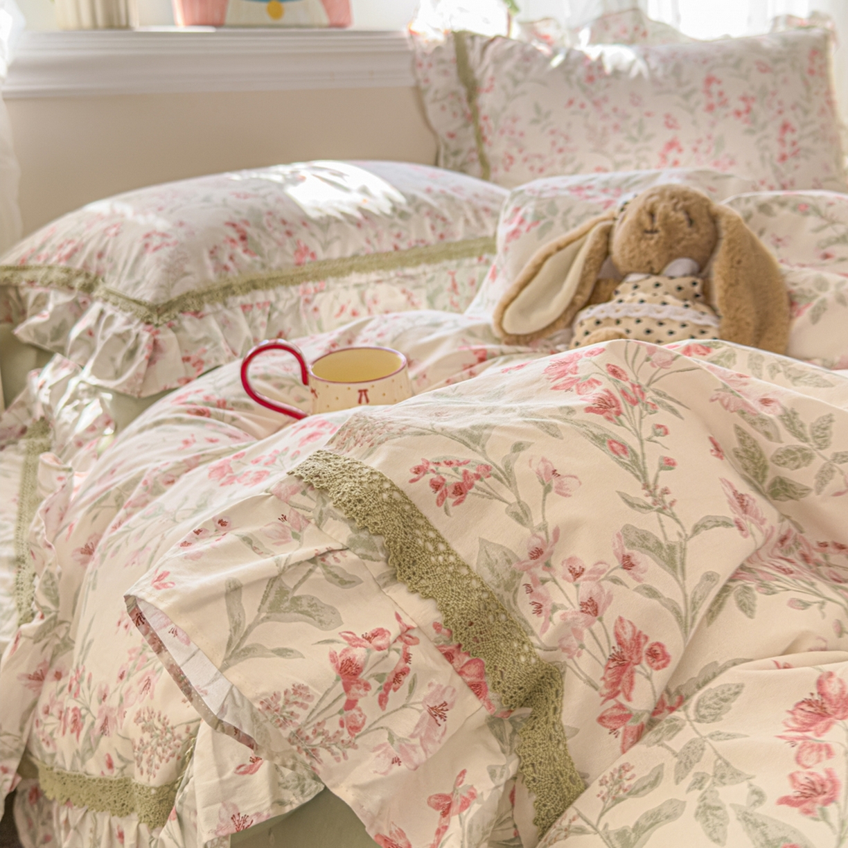 91家纺网 家纺一手货源 找家纺 眠屿家纺 2026新款40支全棉纯棉小清新法式花边款四件套 风吟