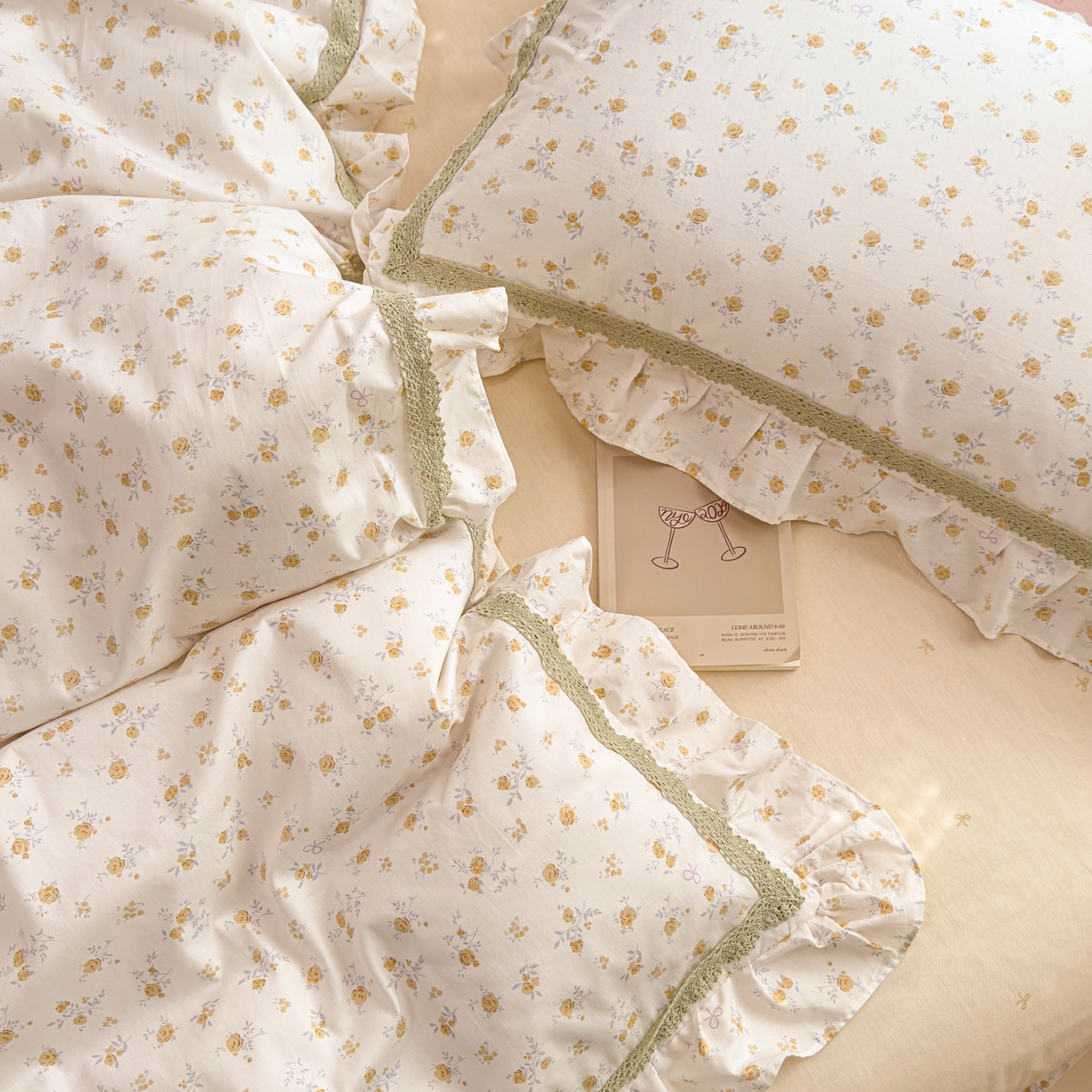 91家纺网 家纺一手货源 找家纺 眠屿家纺 2026新款40支全棉纯棉小清新法式花边款四件套 花漫弥香