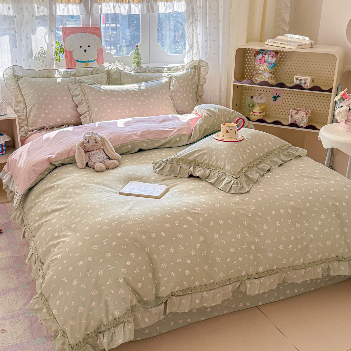 91家纺网 家纺一手货源 找家纺 眠屿家纺 2026新款40支全棉纯棉小清新法式花边款四件套 花颜悦色