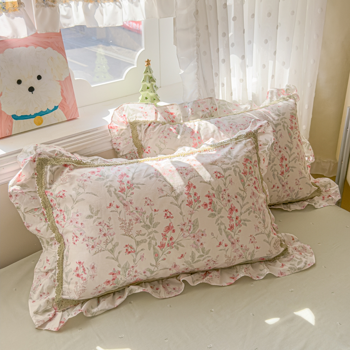 91家纺网 家纺一手货源 找家纺 眠屿家纺 2026新款40支全棉纯棉小清新法式花边款四件套 风吟