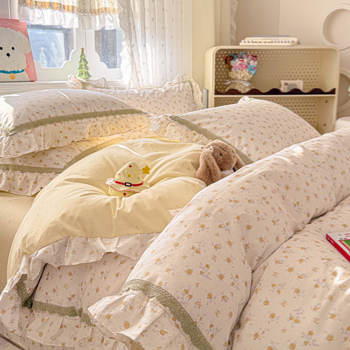 91家纺网 家纺一手货源 找家纺 眠屿家纺 2026新款40支全棉纯棉小清新法式花边款四件套 花漫弥香