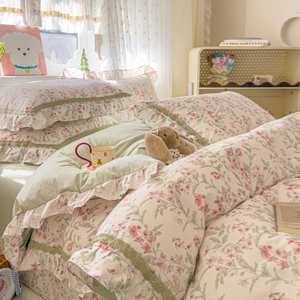 91家纺网 家纺一手货源 找家纺 眠屿家纺 2026新款40支全棉纯棉小清新法式花边款四件套 风吟