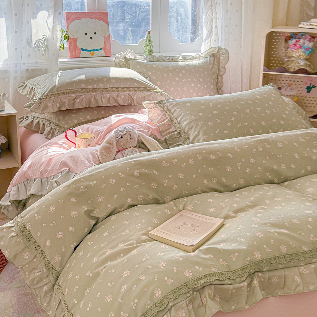 91家纺网 家纺一手货源 找家纺 眠屿家纺 2026新款40支全棉纯棉小清新法式花边款四件套 花颜悦色