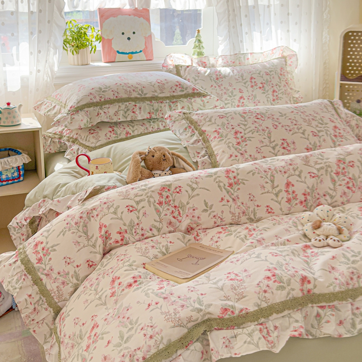 91家纺网 家纺一手货源 找家纺 眠屿家纺 2026新款40支全棉纯棉小清新法式花边款四件套 风吟