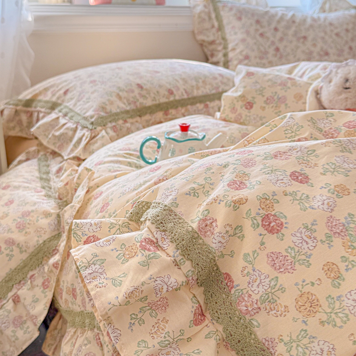 91家纺网 家纺一手货源 找家纺 眠屿家纺 2026新款40支全棉纯棉小清新法式花边款四件套 蓝语迷情