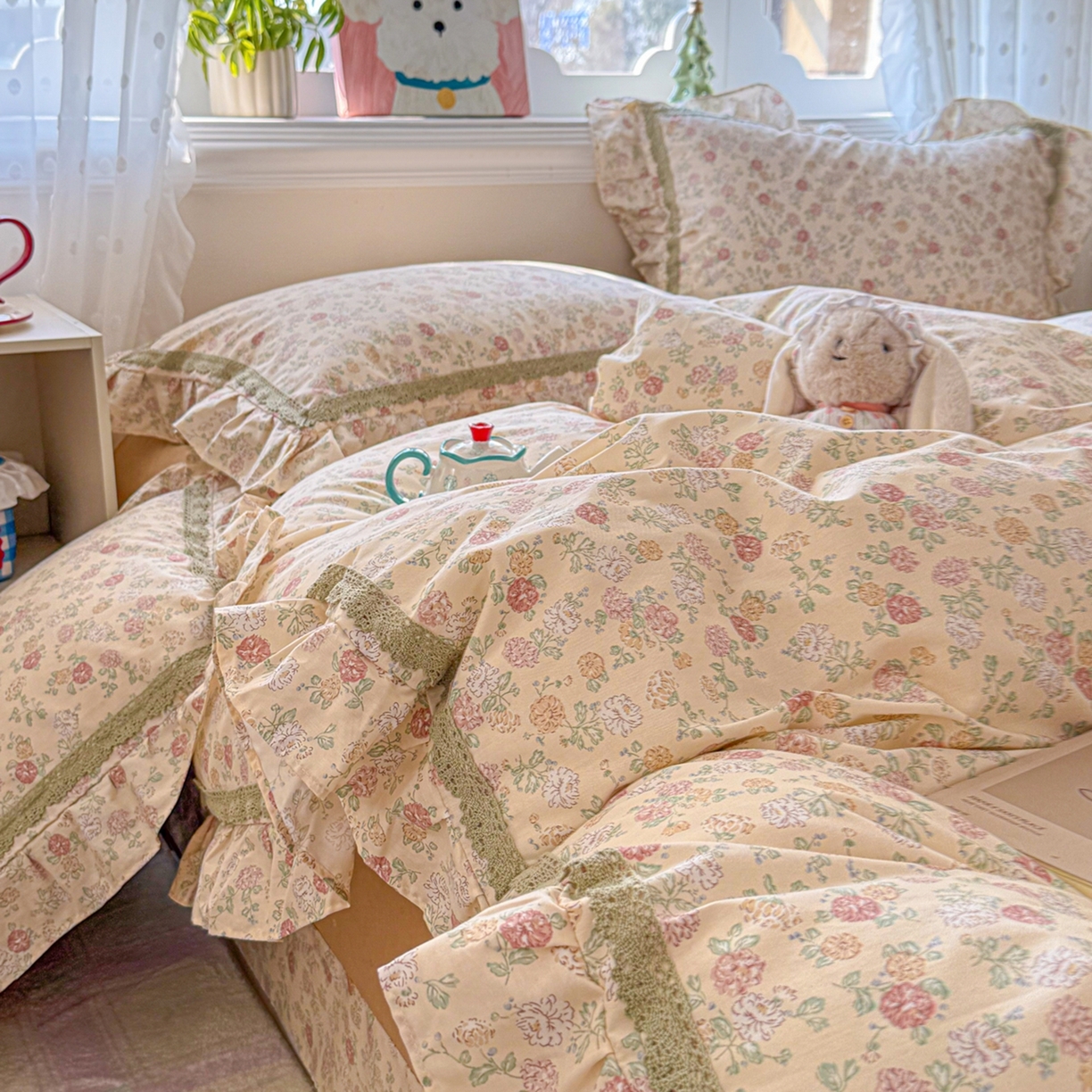 91家纺网 家纺一手货源 找家纺 眠屿家纺 2026新款40支全棉纯棉小清新法式花边款四件套 蓝语迷情