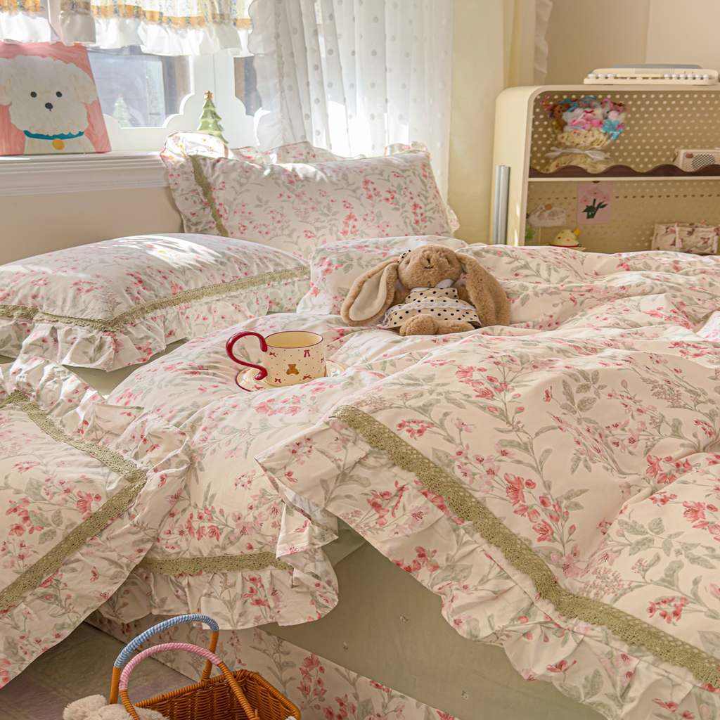 91家纺网 家纺一手货源 找家纺 眠屿家纺 2026新款40支全棉纯棉小清新法式花边款四件套 风吟