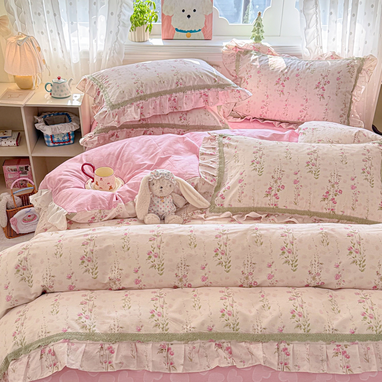 91家纺网 家纺一手货源 找家纺 眠屿家纺 2026新款40支全棉纯棉小清新法式花边款四件套 花香盎然