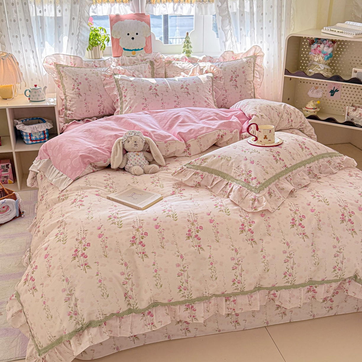 91家纺网 家纺一手货源 找家纺 眠屿家纺 2026新款40支全棉纯棉小清新法式花边款四件套 花香盎然