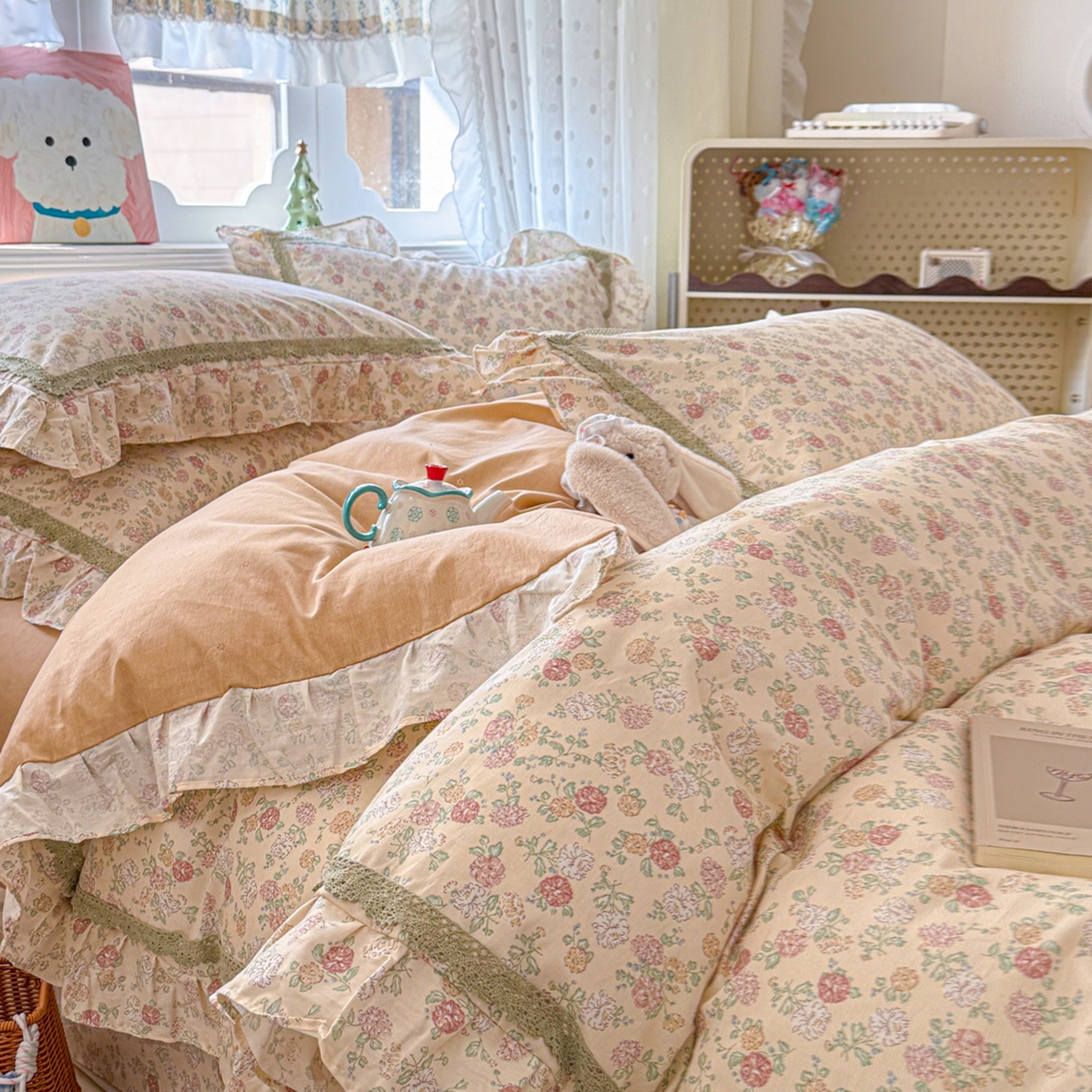 91家纺网 家纺一手货源 找家纺 眠屿家纺 2026新款40支全棉纯棉小清新法式花边款四件套 蓝语迷情