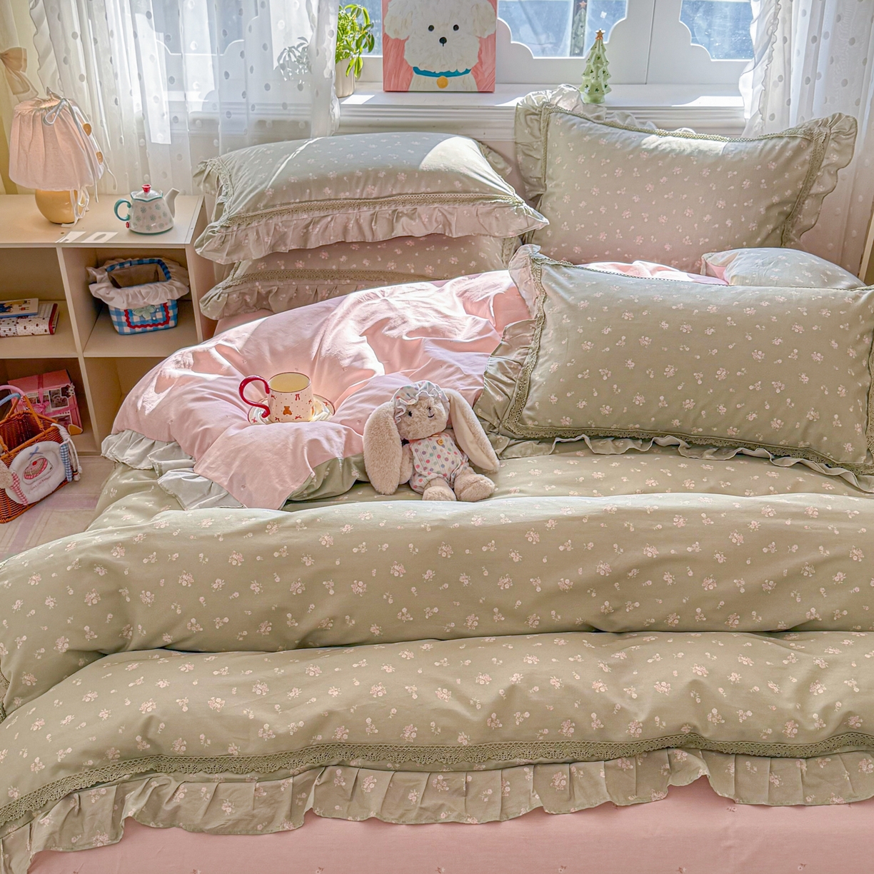 91家纺网 家纺一手货源 找家纺 眠屿家纺 2026新款40支全棉纯棉小清新法式花边款四件套 花颜悦色