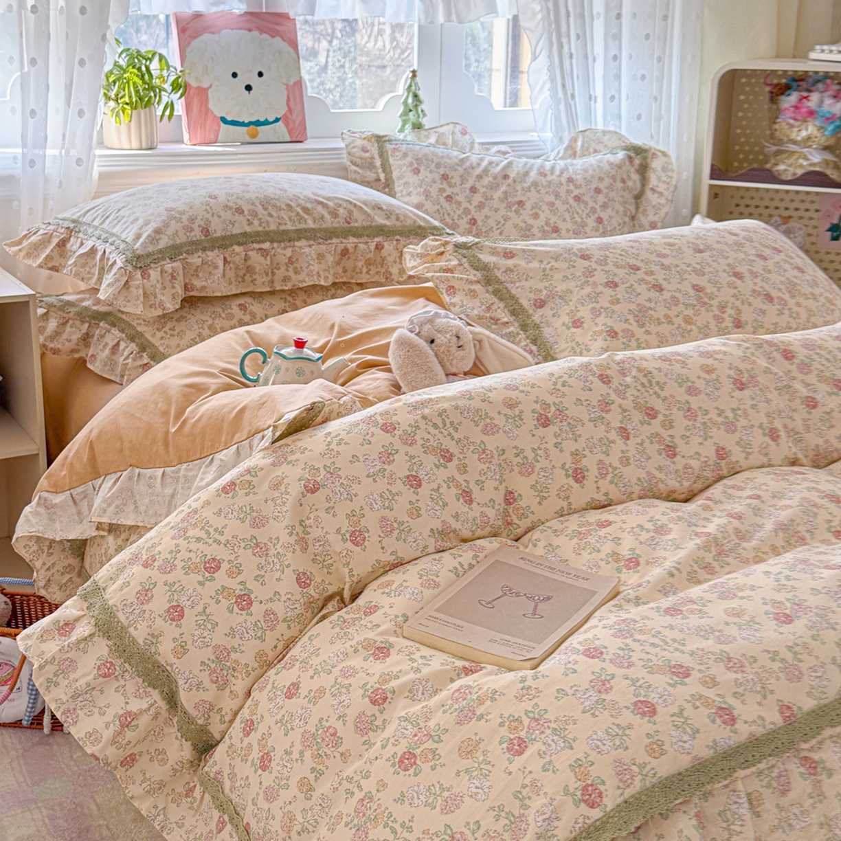 91家纺网 家纺一手货源 找家纺 眠屿家纺 2026新款40支全棉纯棉小清新法式花边款四件套 蓝语迷情