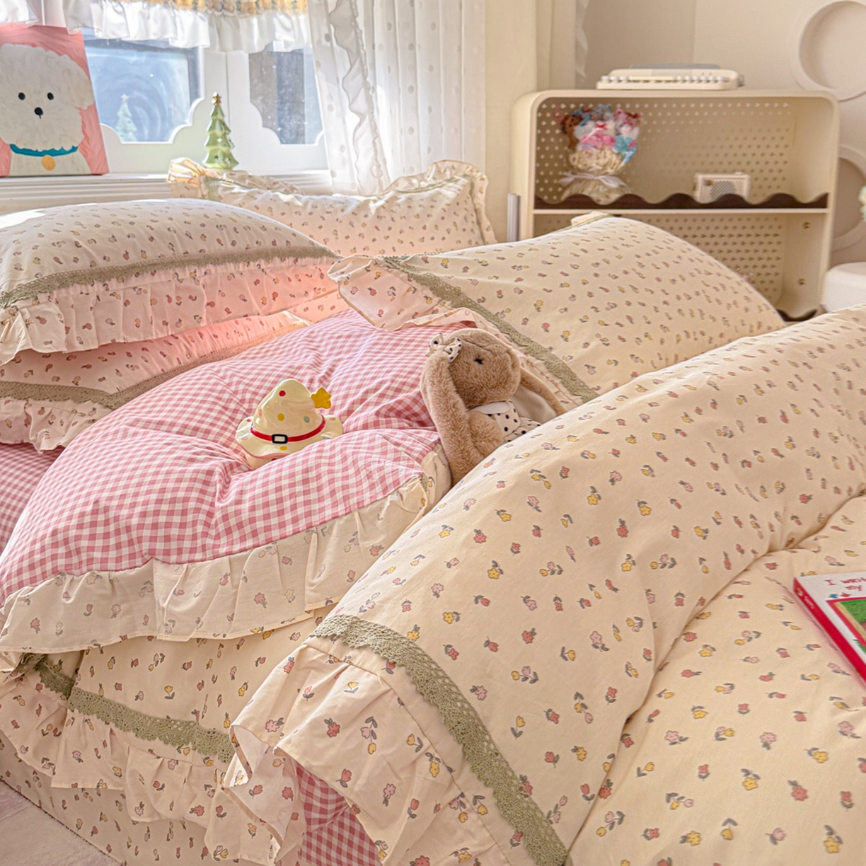 91家纺网 家纺一手货源 找家纺 眠屿家纺 2026新款40支全棉纯棉小清新法式花边款四件套 富贵香韵