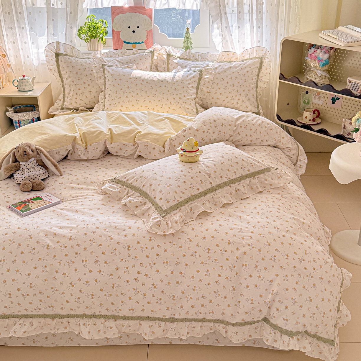 91家纺网 家纺一手货源 找家纺 眠屿家纺 2026新款40支全棉纯棉小清新法式花边款四件套 花漫弥香