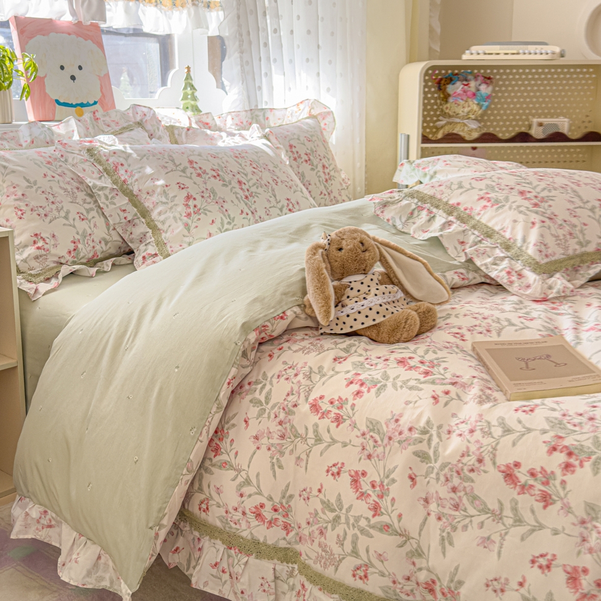 91家纺网 家纺一手货源 找家纺 眠屿家纺 2026新款40支全棉纯棉小清新法式花边款四件套 风吟