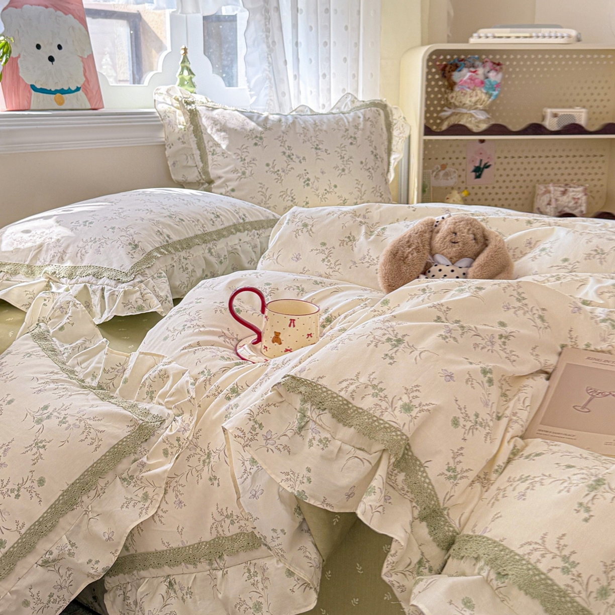 91家纺网 家纺一手货源 找家纺 眠屿家纺 2026新款40支全棉纯棉小清新法式花边款四件套 蝶海恋花