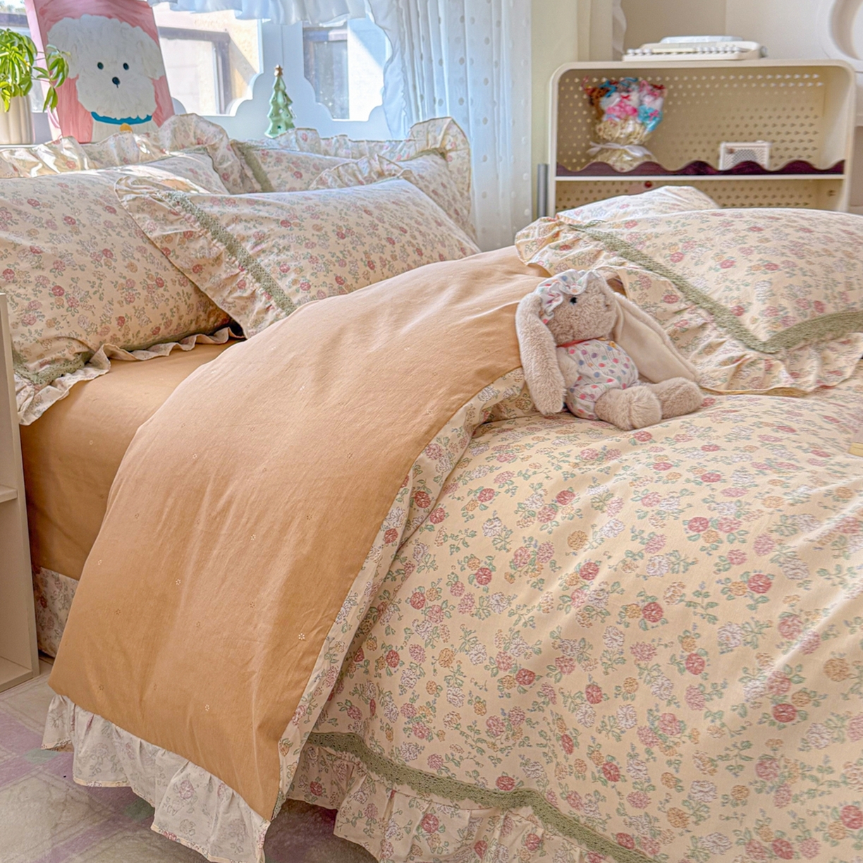 91家纺网 家纺一手货源 找家纺 眠屿家纺 2026新款40支全棉纯棉小清新法式花边款四件套 蓝语迷情