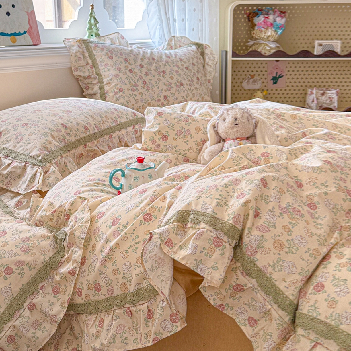 91家纺网 家纺一手货源 找家纺 眠屿家纺 2026新款40支全棉纯棉小清新法式花边款四件套 蓝语迷情