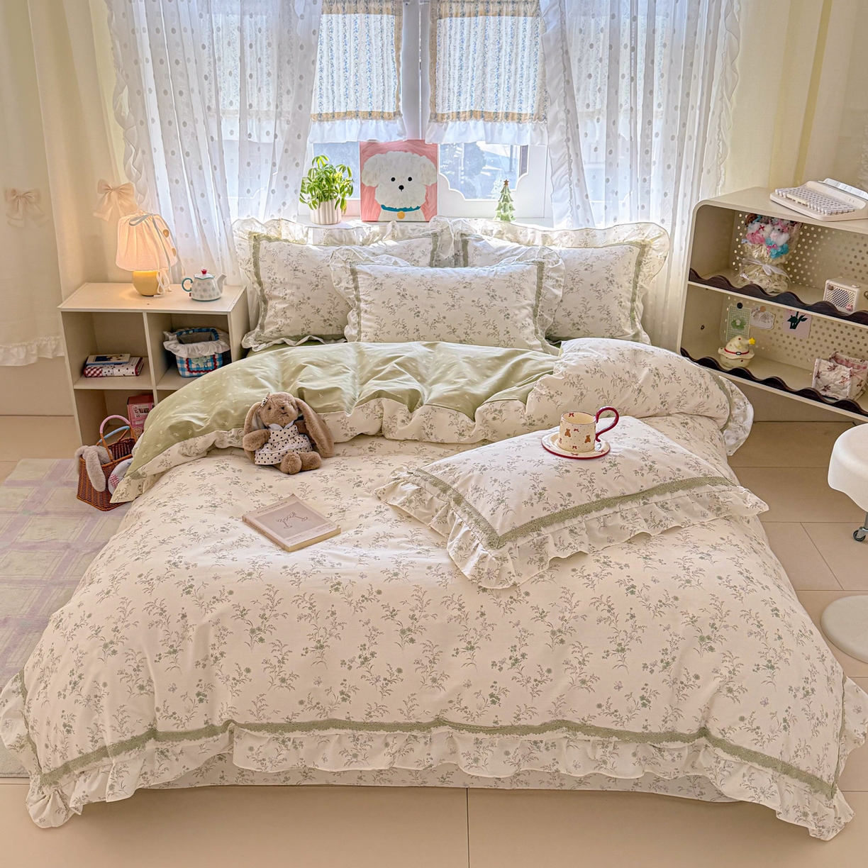 91家纺网 家纺一手货源 找家纺 眠屿家纺 2026新款40支全棉纯棉小清新法式花边款四件套 蝶海恋花