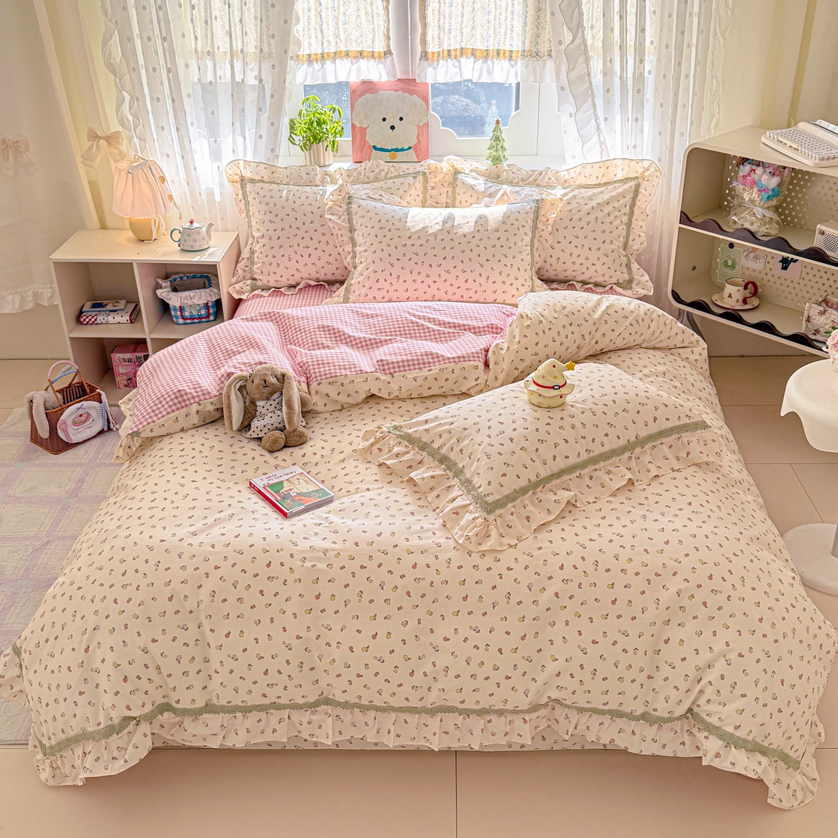 91家纺网 家纺一手货源 找家纺 眠屿家纺 2026新款40支全棉纯棉小清新法式花边款四件套 富贵香韵