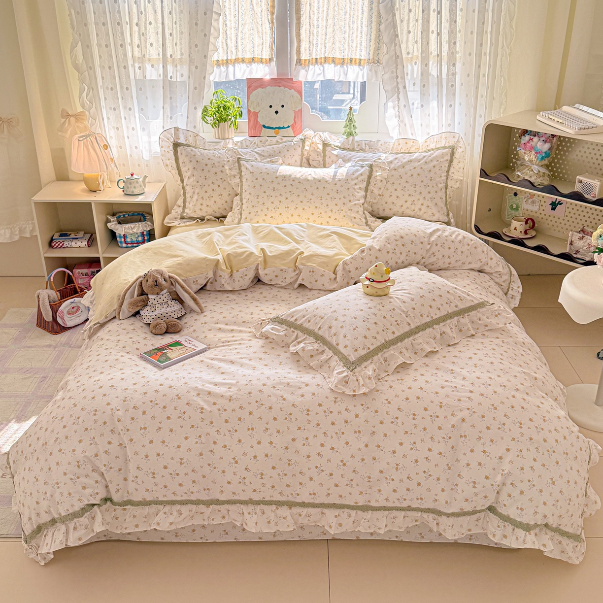 91家纺网 家纺一手货源 找家纺 眠屿家纺 2026新款40支全棉纯棉小清新法式花边款四件套 花漫弥香