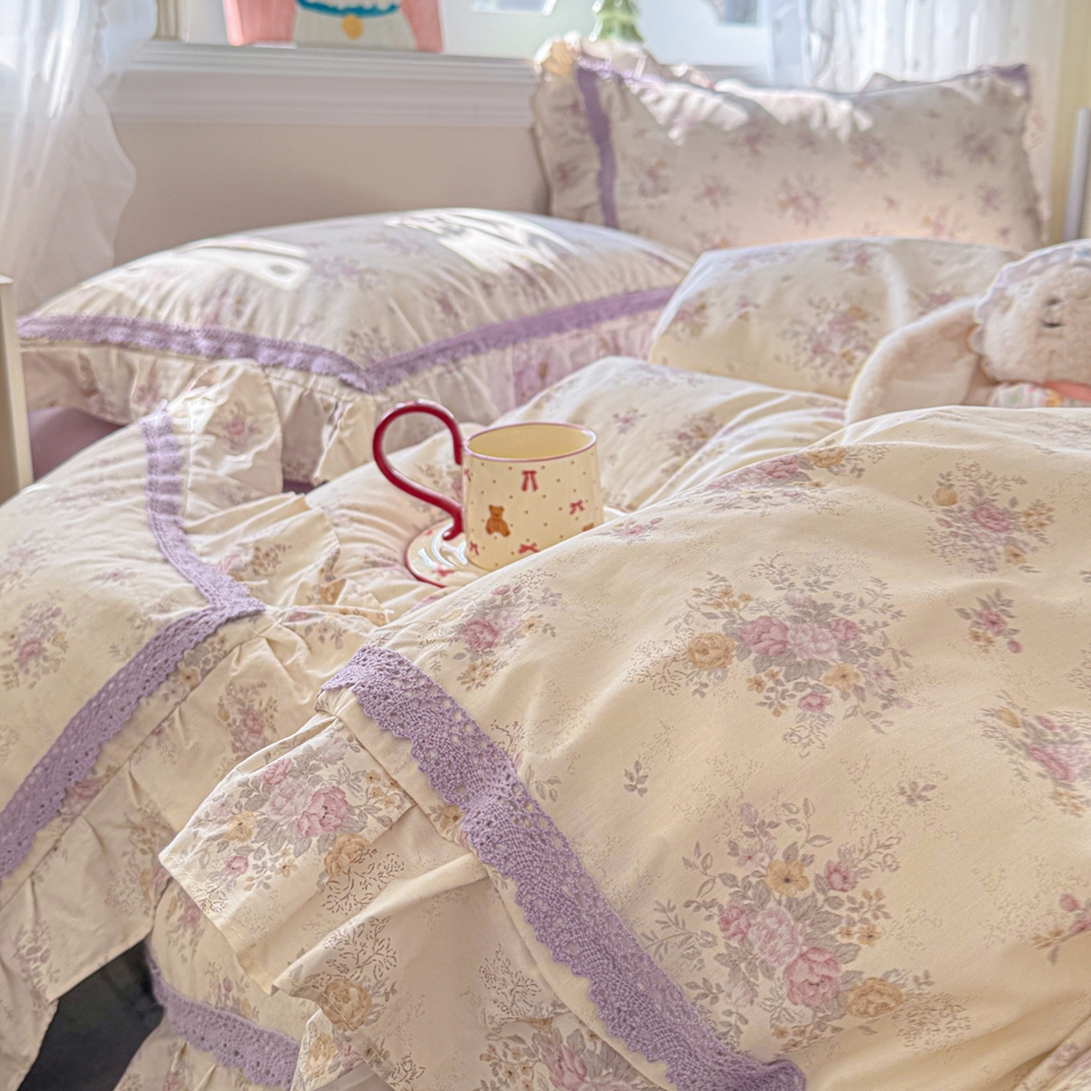 91家纺网 家纺一手货源 找家纺 眠屿家纺 2026新款40支全棉纯棉小清新法式花边款四件套 花梦缘