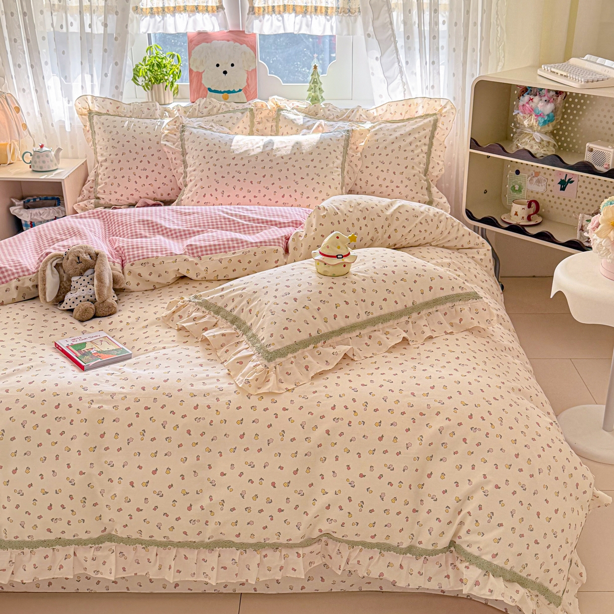 91家纺网 家纺一手货源 找家纺 眠屿家纺 2026新款40支全棉纯棉小清新法式花边款四件套 富贵香韵