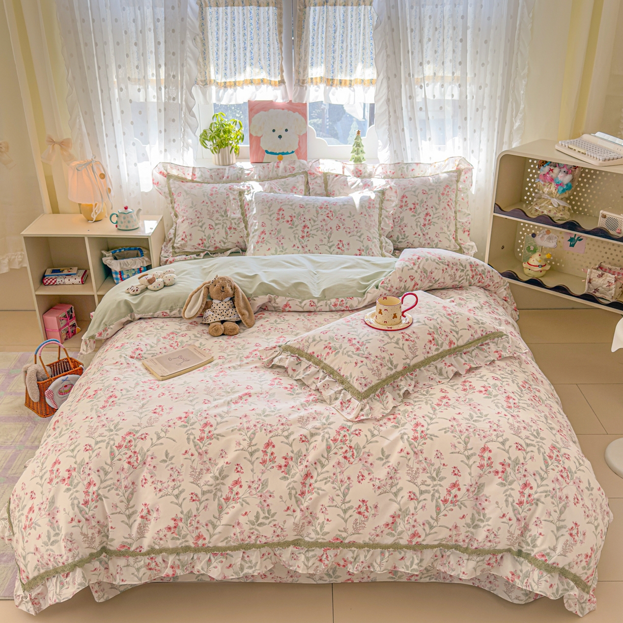 91家纺网 家纺一手货源 找家纺 眠屿家纺 2026新款40支全棉纯棉小清新法式花边款四件套 风吟