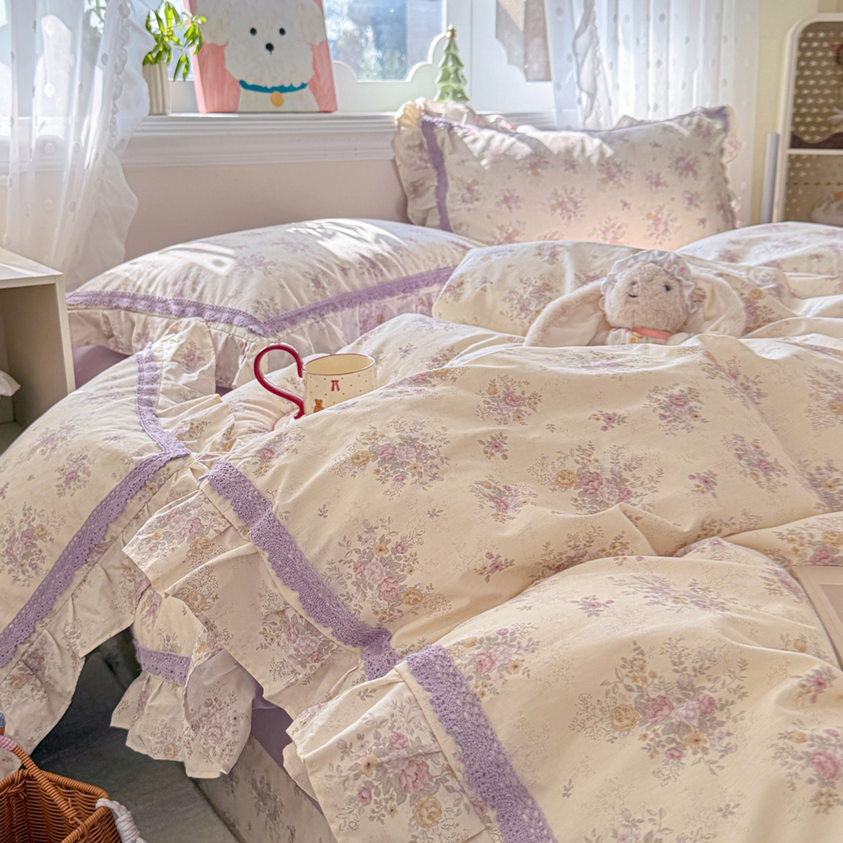 91家纺网 家纺一手货源 找家纺 眠屿家纺 2026新款40支全棉纯棉小清新法式花边款四件套 花梦缘