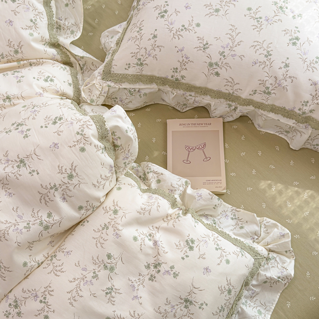 91家纺网 家纺一手货源 找家纺 眠屿家纺 2026新款40支全棉纯棉小清新法式花边款四件套 蝶海恋花