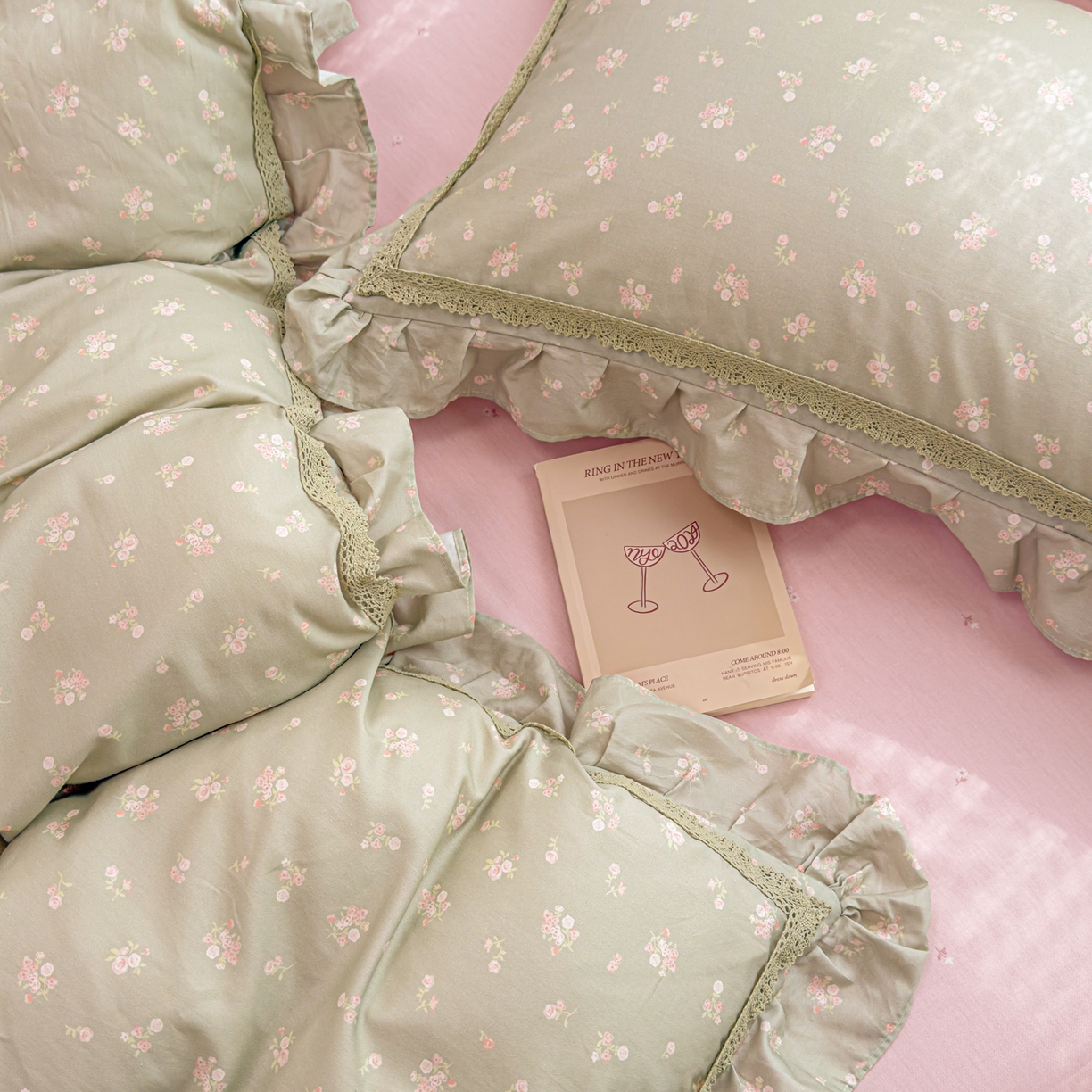 91家纺网 家纺一手货源 找家纺 眠屿家纺 2026新款40支全棉纯棉小清新法式花边款四件套 花颜悦色