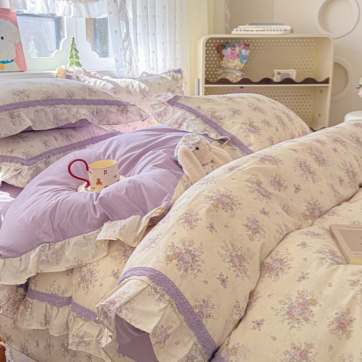 91家纺网 家纺一手货源 找家纺 眠屿家纺 2026新款40支全棉纯棉小清新法式花边款四件套 花梦缘