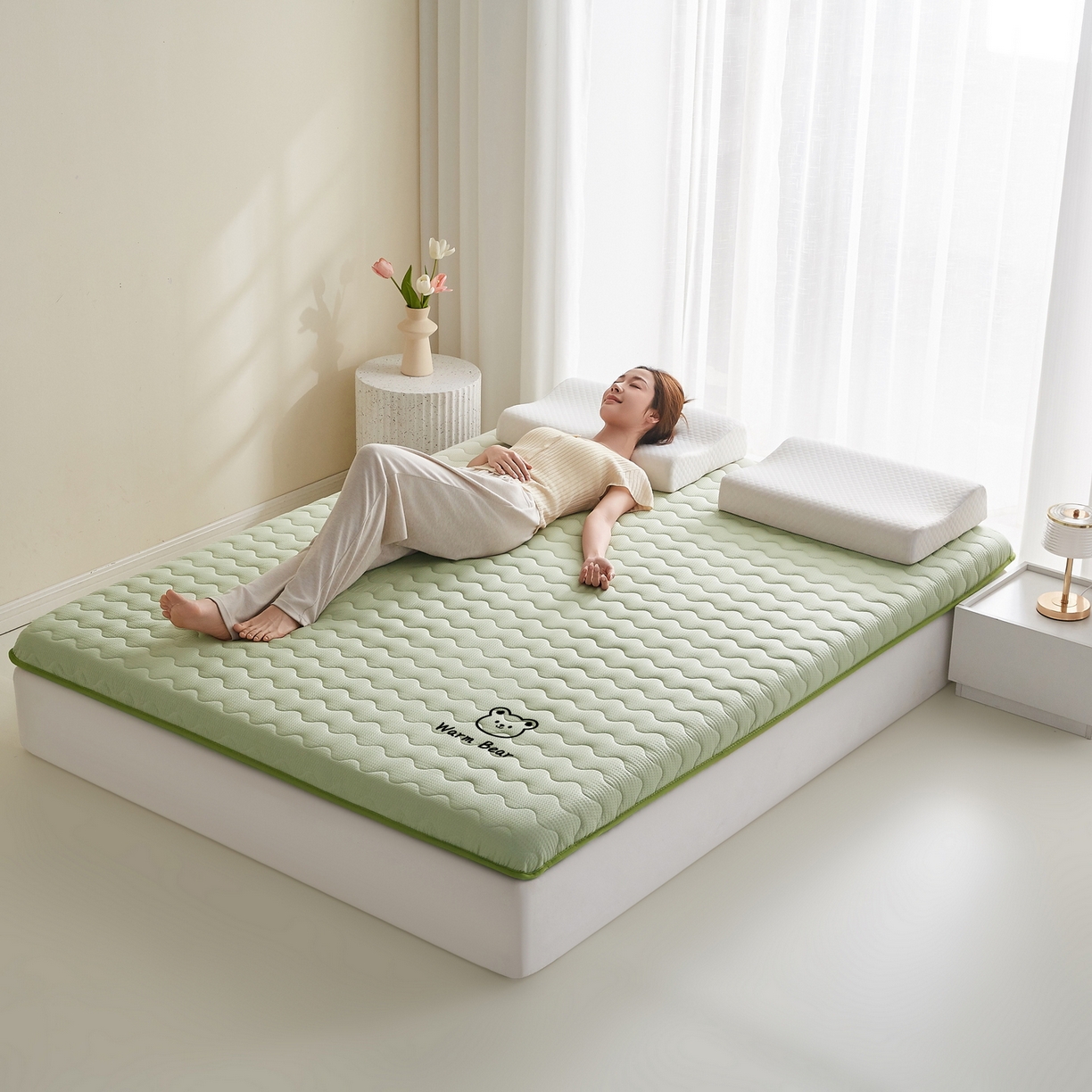 91家纺网 家纺一手货源 找家纺 喜她床垫 2026新款磨毛泡泡抗压棉床垫 泡泡绿色（5cm）