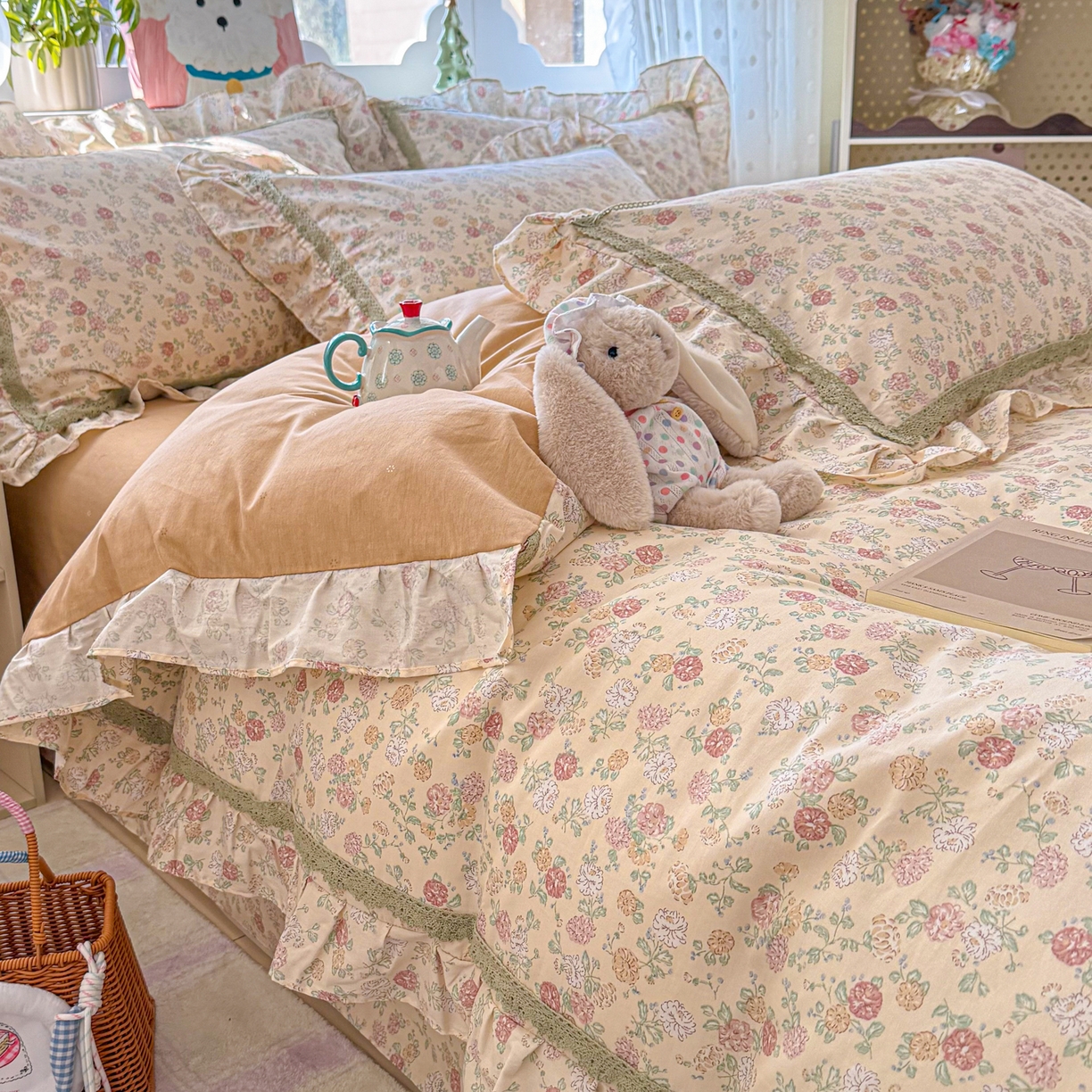 眠屿家纺 2026新款40支全棉纯棉小清新法式花边款四件套 蓝语迷情