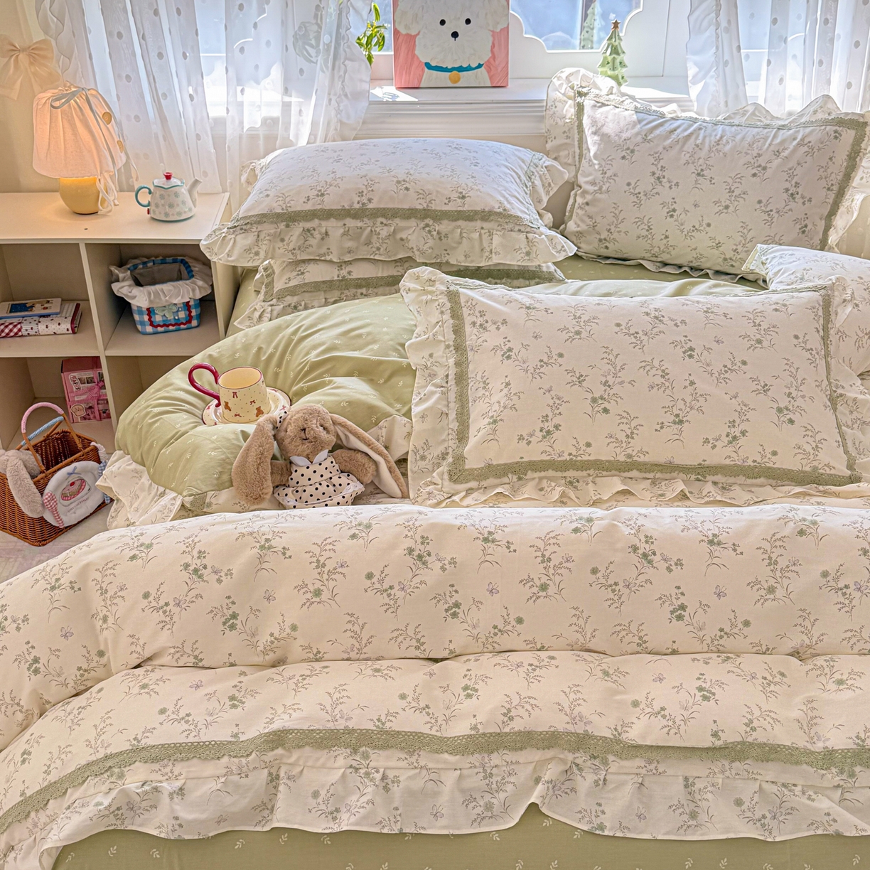 91家纺网 家纺一手货源 找家纺 眠屿家纺 2026新款40支全棉纯棉小清新法式花边款四件套 蝶海恋花