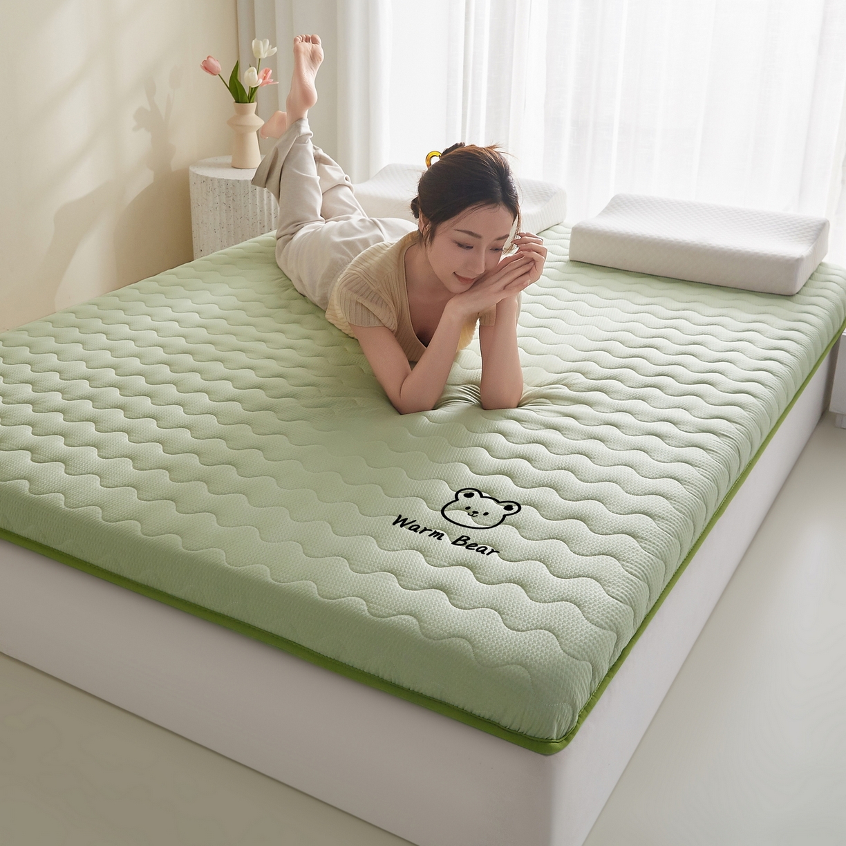 91家纺网 家纺一手货源 找家纺 喜她床垫 2026新款磨毛泡泡抗压棉床垫 泡泡绿色（5cm）