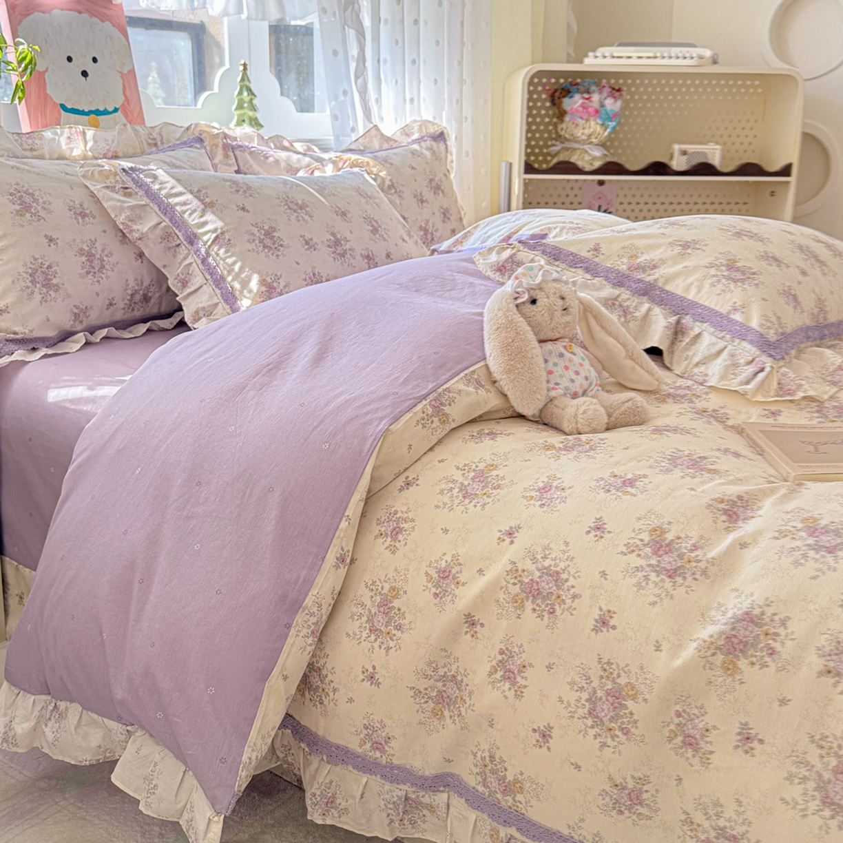 91家纺网 家纺一手货源 找家纺 眠屿家纺 2026新款40支全棉纯棉小清新法式花边款四件套 花梦缘