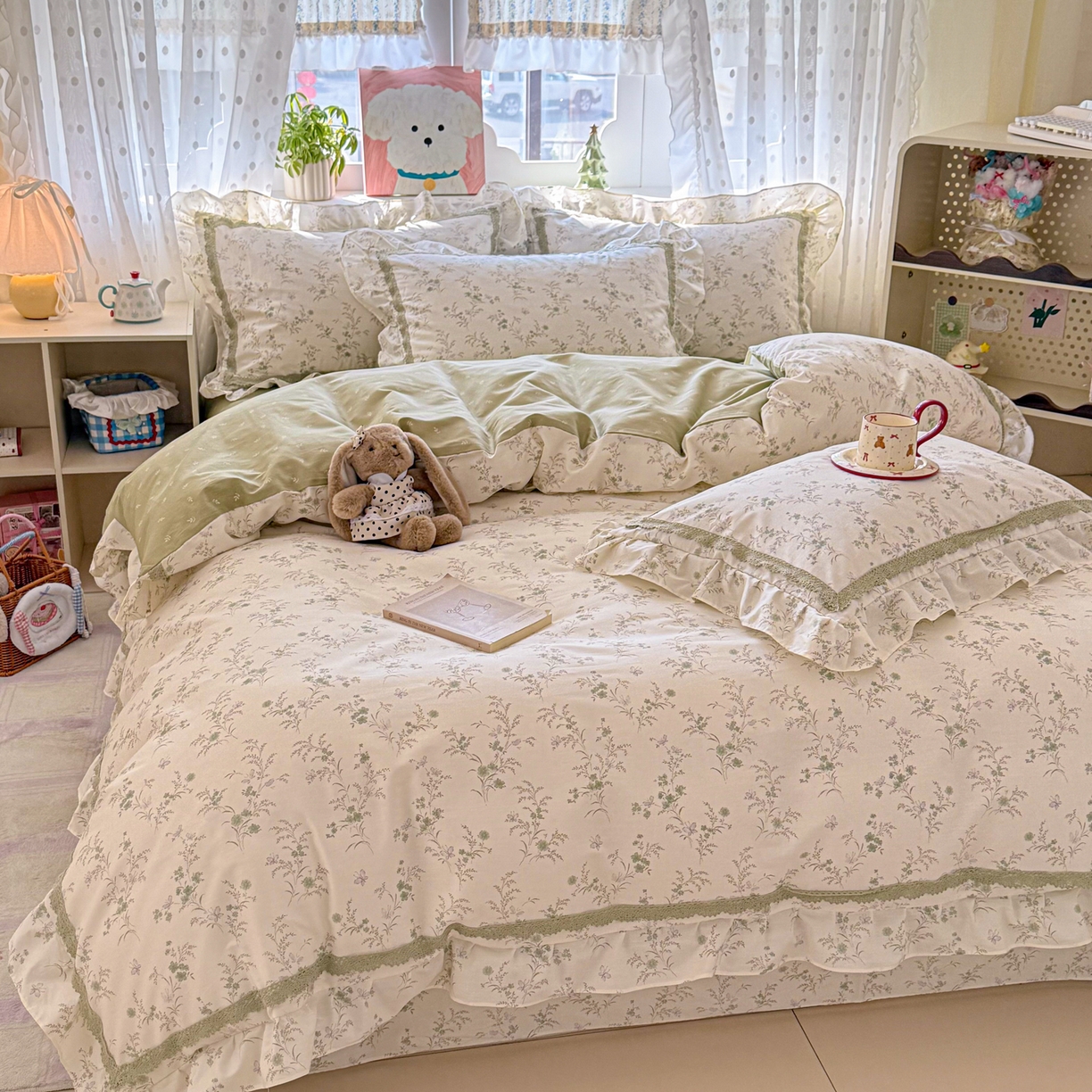 91家纺网 家纺一手货源 找家纺 眠屿家纺 2026新款40支全棉纯棉小清新法式花边款四件套 蝶海恋花