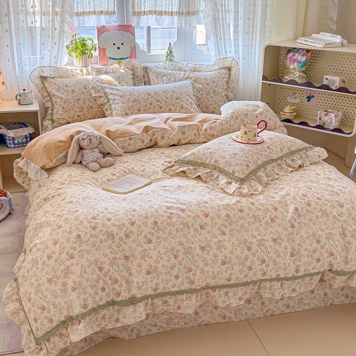 91家纺网 家纺一手货源 找家纺 眠屿家纺 2026新款40支全棉纯棉小清新法式花边款四件套 蓝语迷情